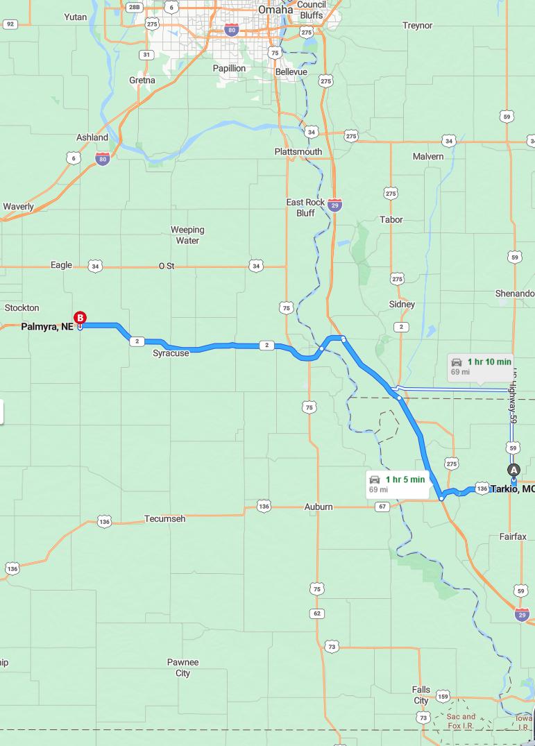 driving from Tarkio, Missouri to PalmyraNebraska - map and route