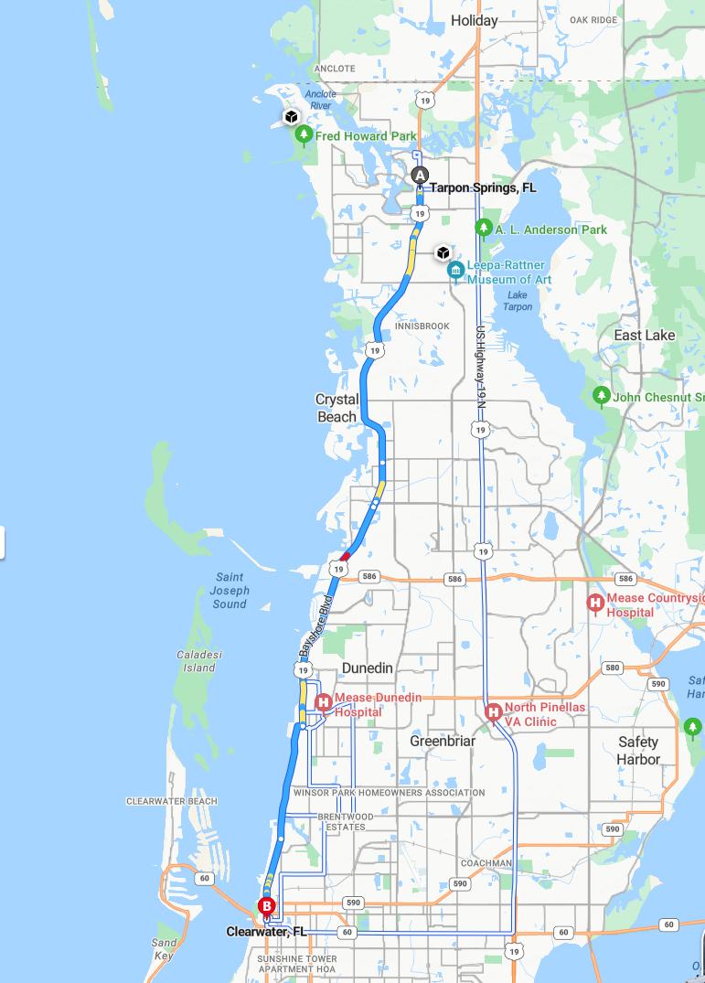 driving from Tarpon Springs, Florida to ClearwaterFlorida - map and route