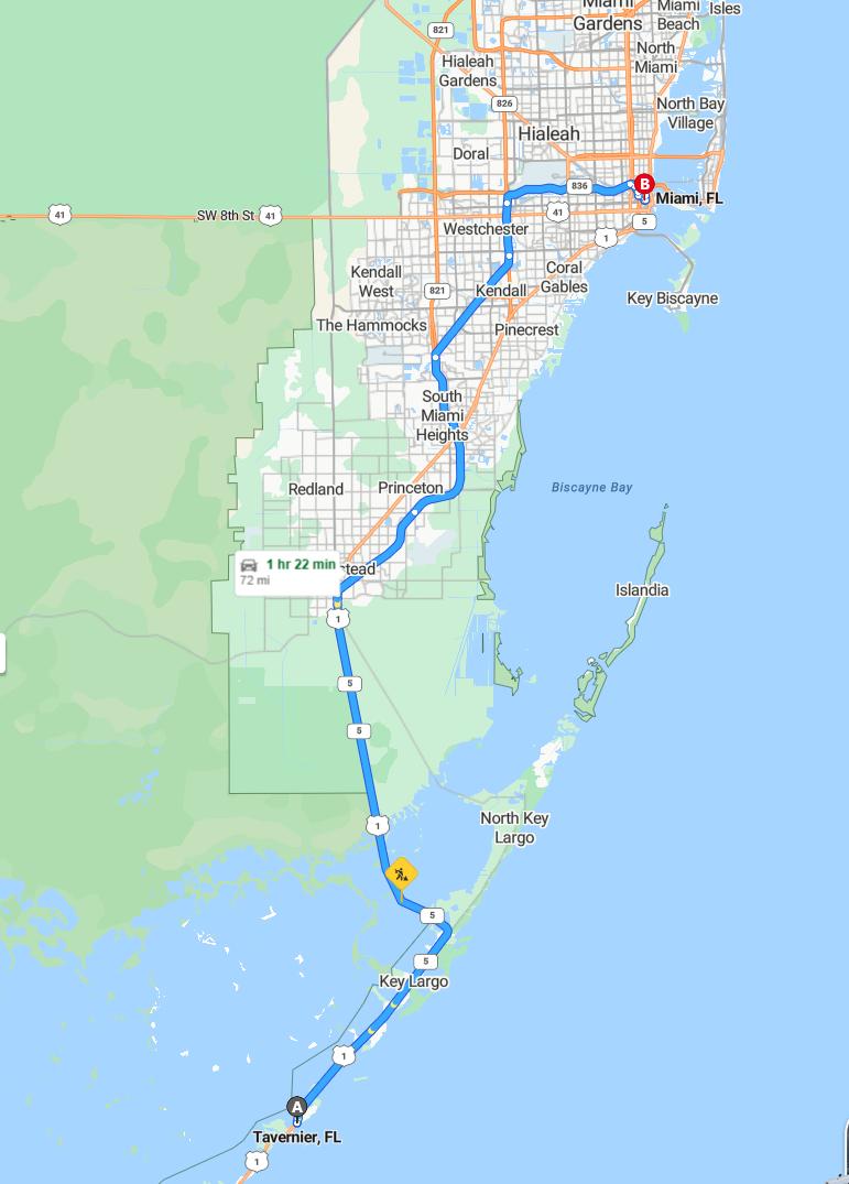 driving from Tavernier, Florida to MiamiFlorida - map and route