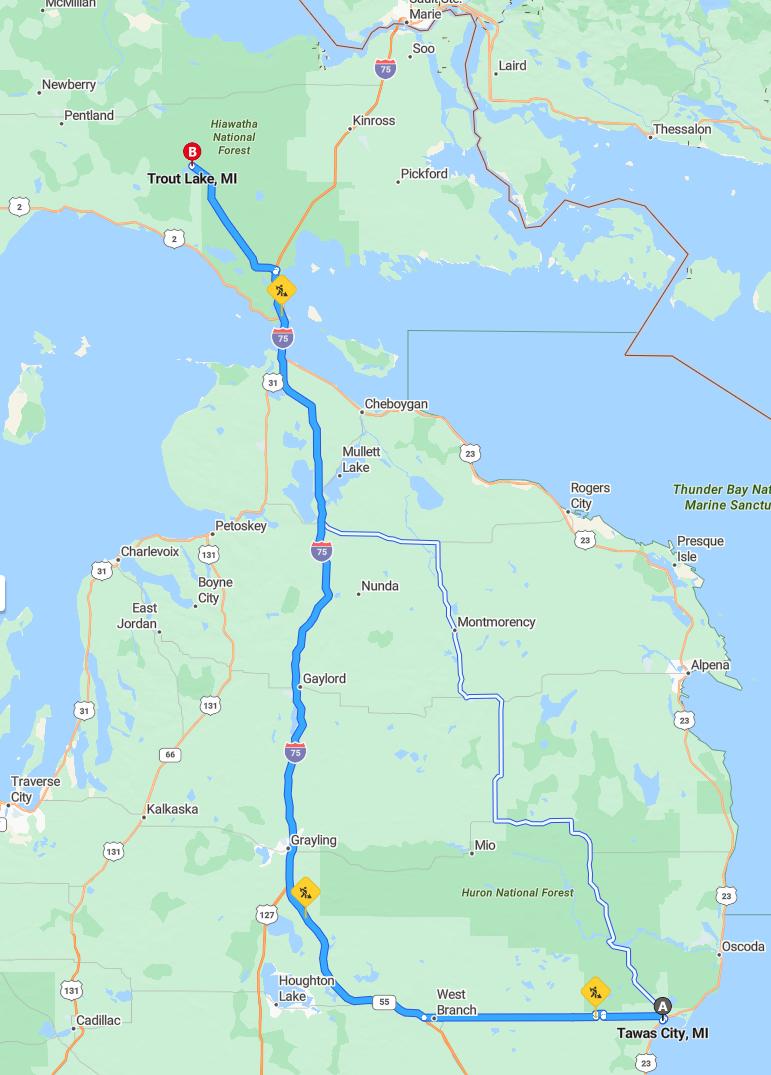 driving from Tawas, Michigan to Trout LakeMichigan - map and route