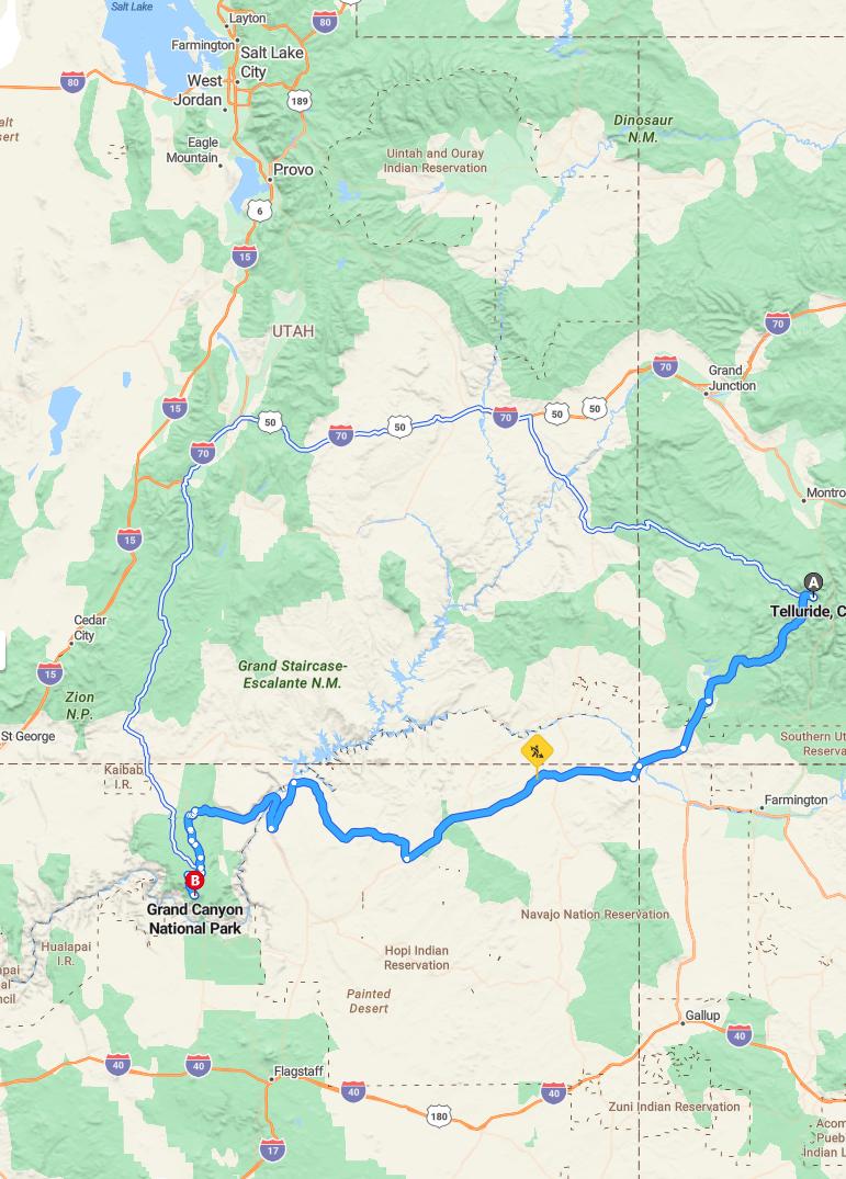 driving from Telluride, Colorado to Grand CanyonArizona - map and route