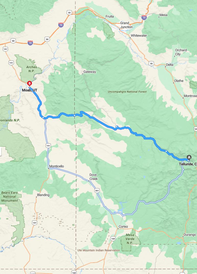 driving from Telluride, Colorado to MoabUtah - map and route