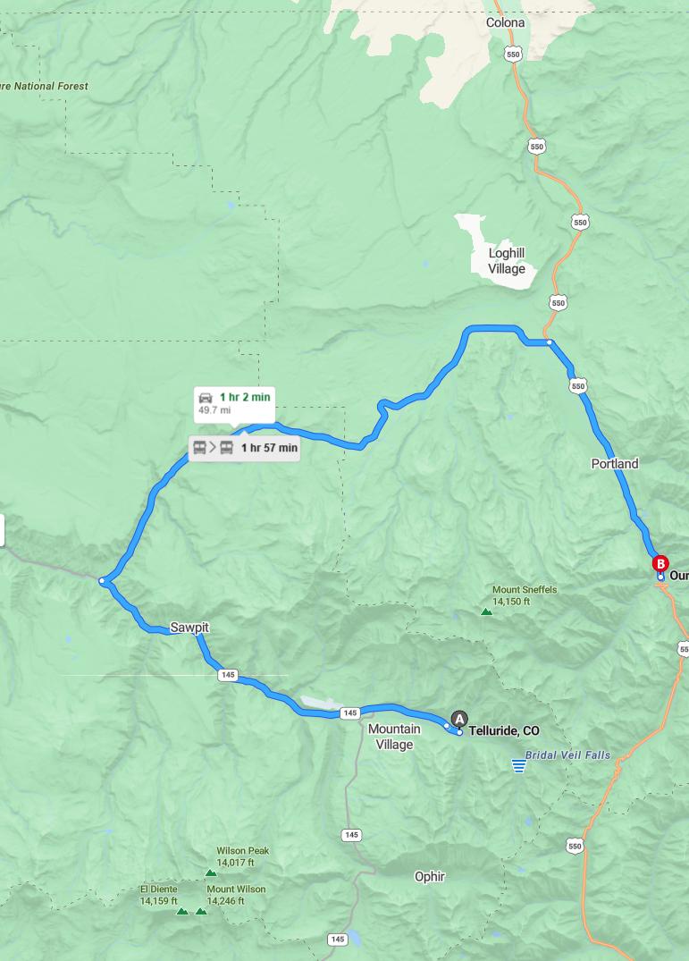 driving from Telluride, Colorado to OurayColorado - map and route