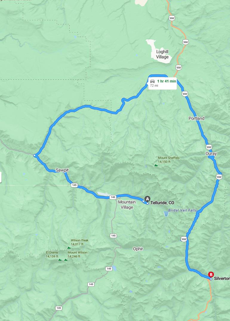 driving from Telluride, Colorado to SilvertonColorado - map and route