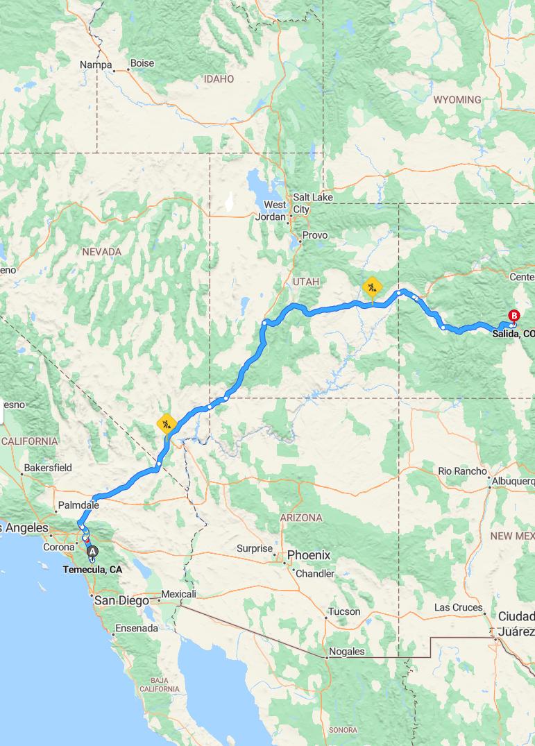 driving from Temecula, California to SalidaColorado - map and route