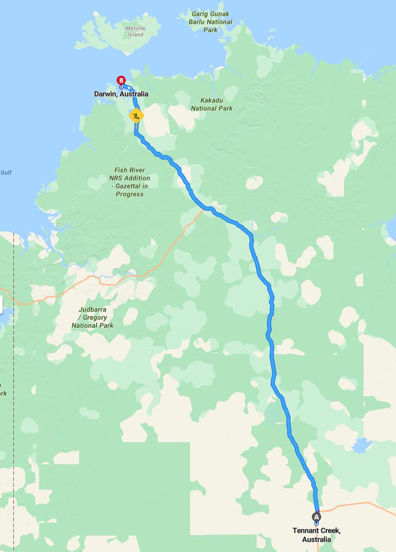driving from Tennant Creek, Northern Territory to DarwinNorthern Territory - map and route