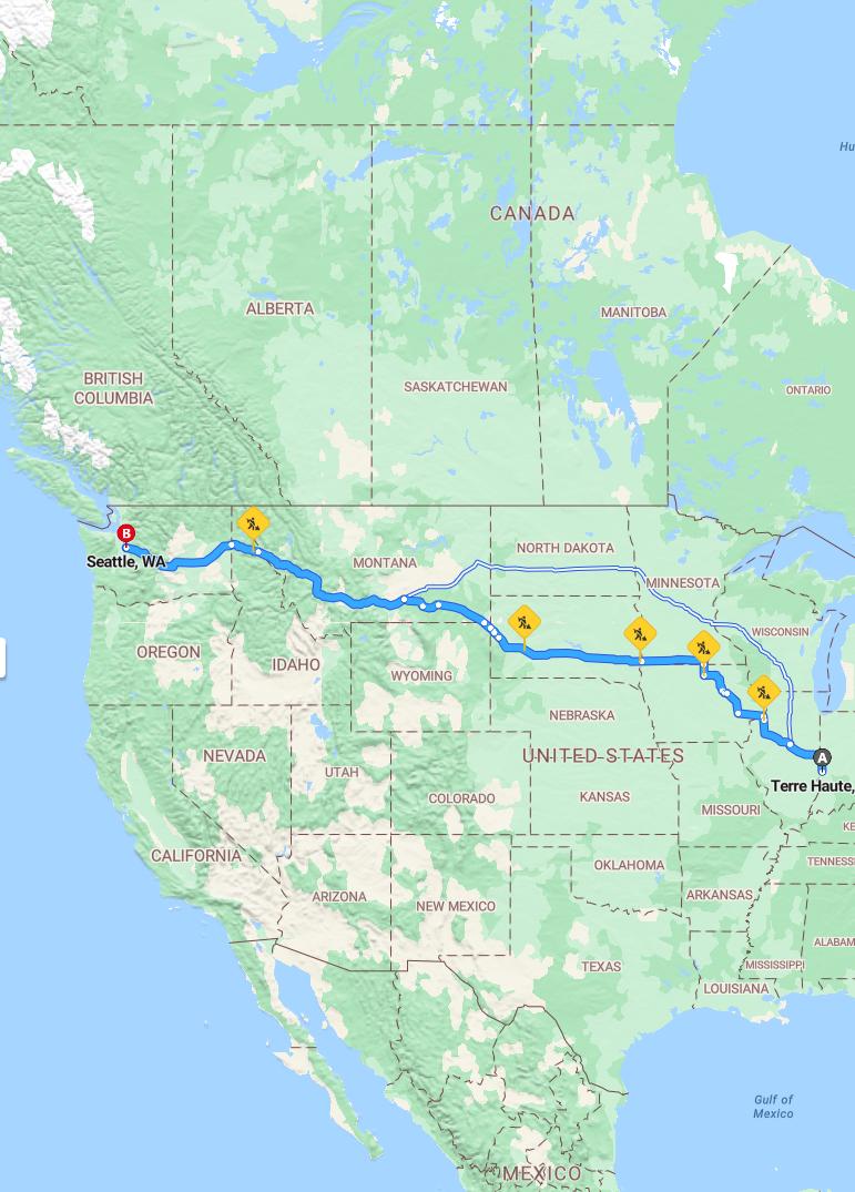driving from Terre Haute, Indiana to SeattleWashington - map and route