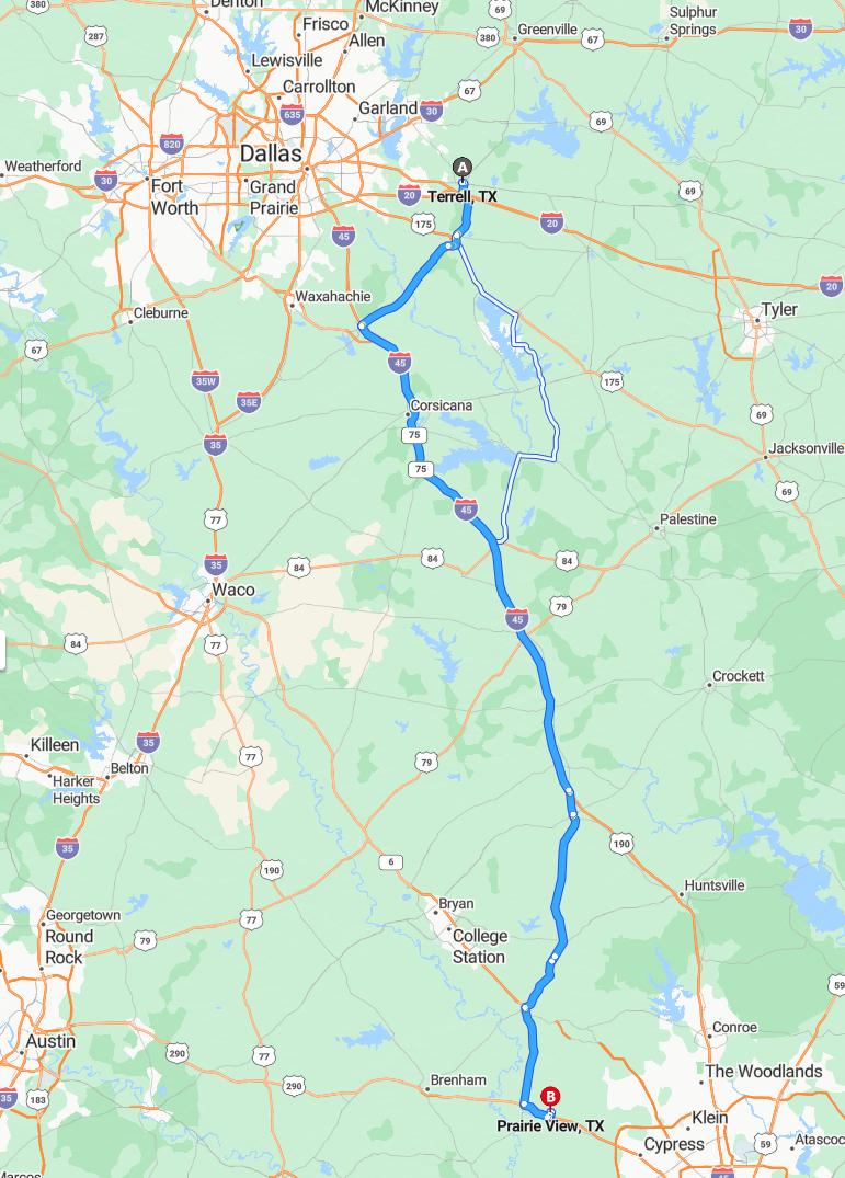 driving from Terrell, Texas to Prairie ViewTexas - map and route