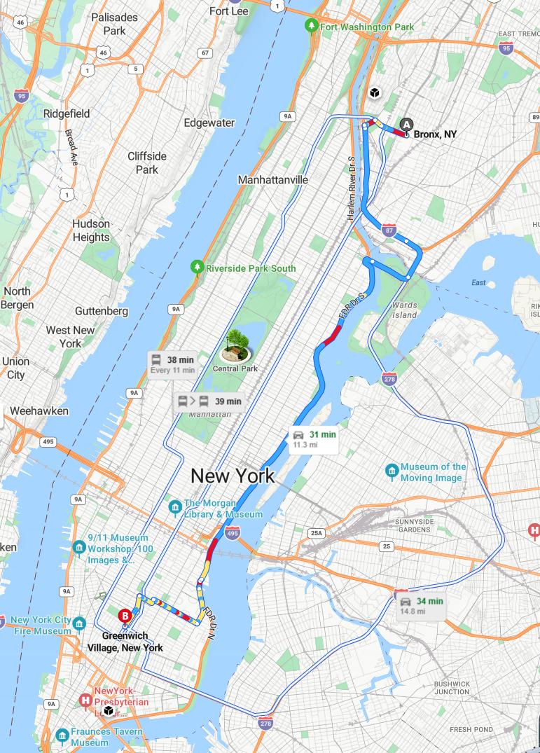 driving from The Bronx, New York to Greenwich VillageNew York - map and route