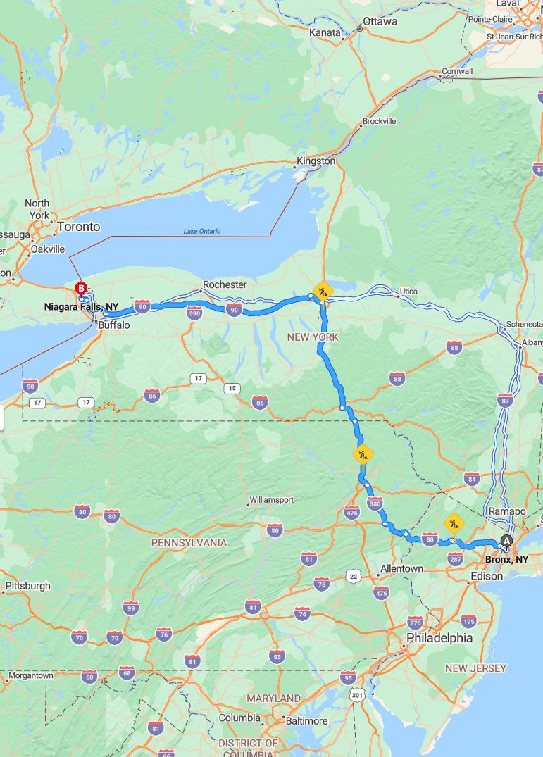 driving from The Bronx, New York to Niagara FallsNew York - map and route