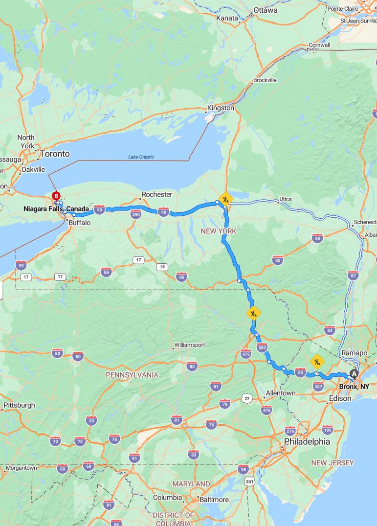 driving from The Bronx, New York to Niagara FallsOntario - map and route