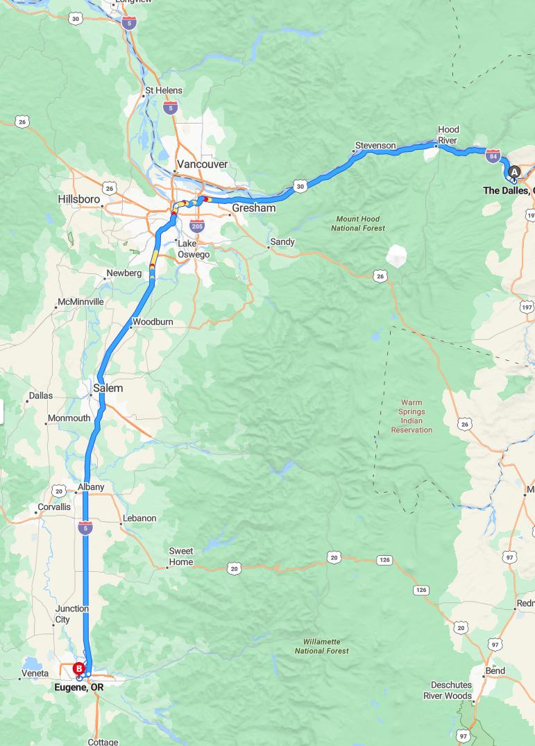 driving from The Dalles, Oregon to EugeneOregon - map and route