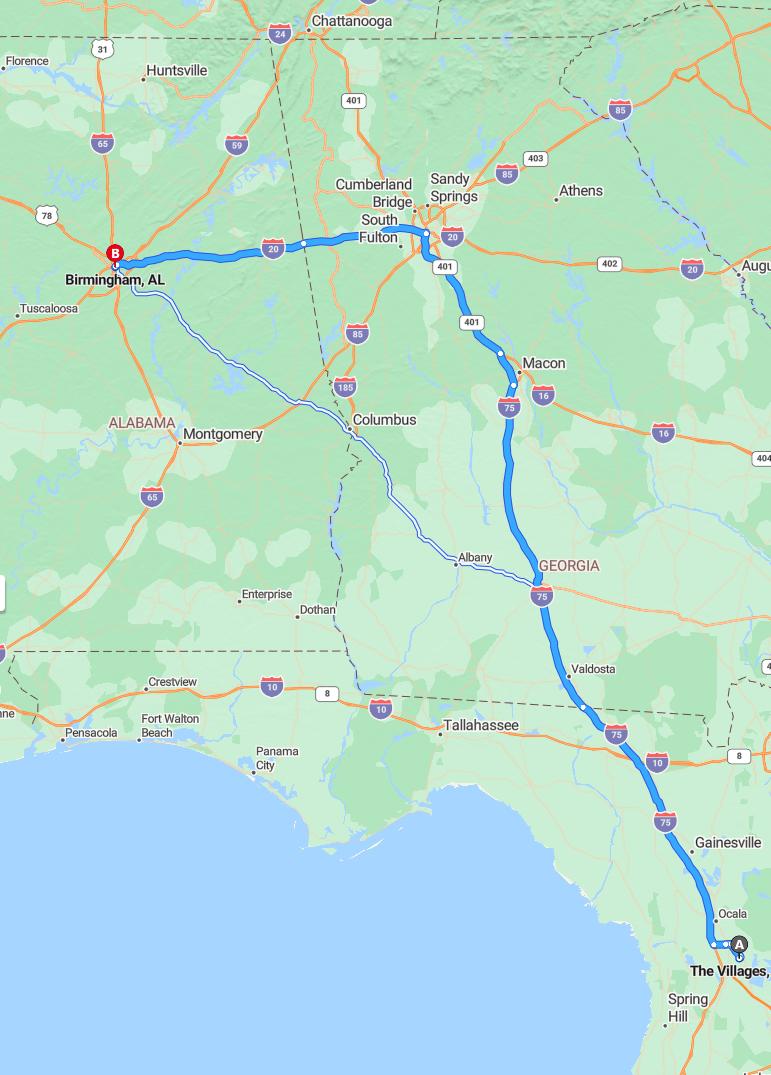 driving from The Villages, Florida to BirminghamAlabama - map and route