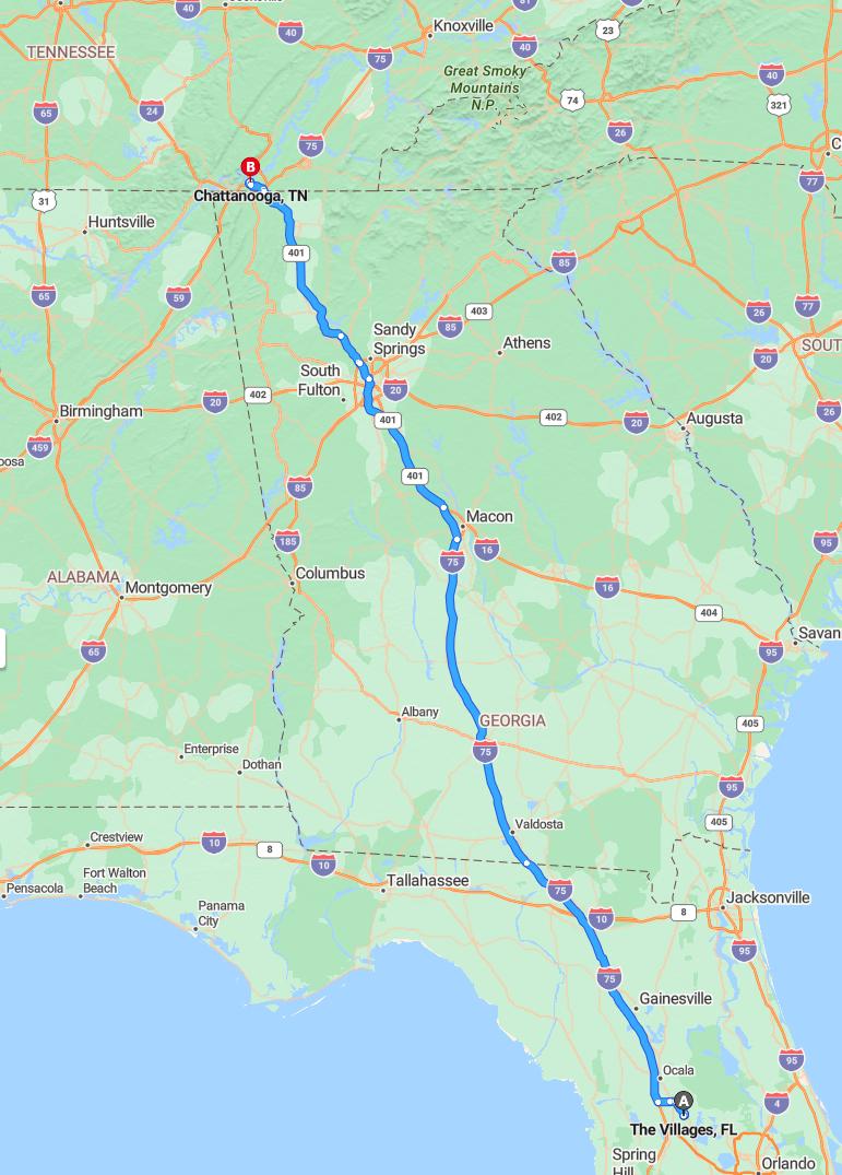 driving from The Villages, Florida to ChattanoogaTennessee - map and route