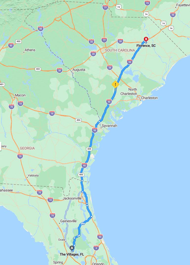 driving from The Villages, Florida to FlorenceSouth Carolina - map and route