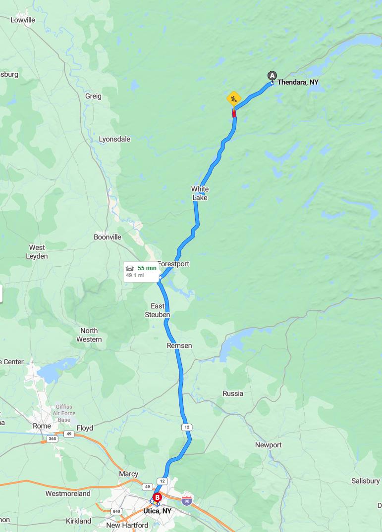 driving from Thendara, New York to UticaNew York - map and route