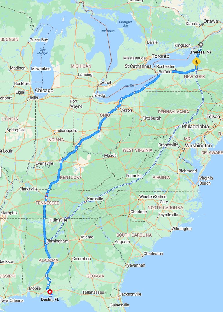 driving from Theresa, New York to DestinFlorida - map and route
