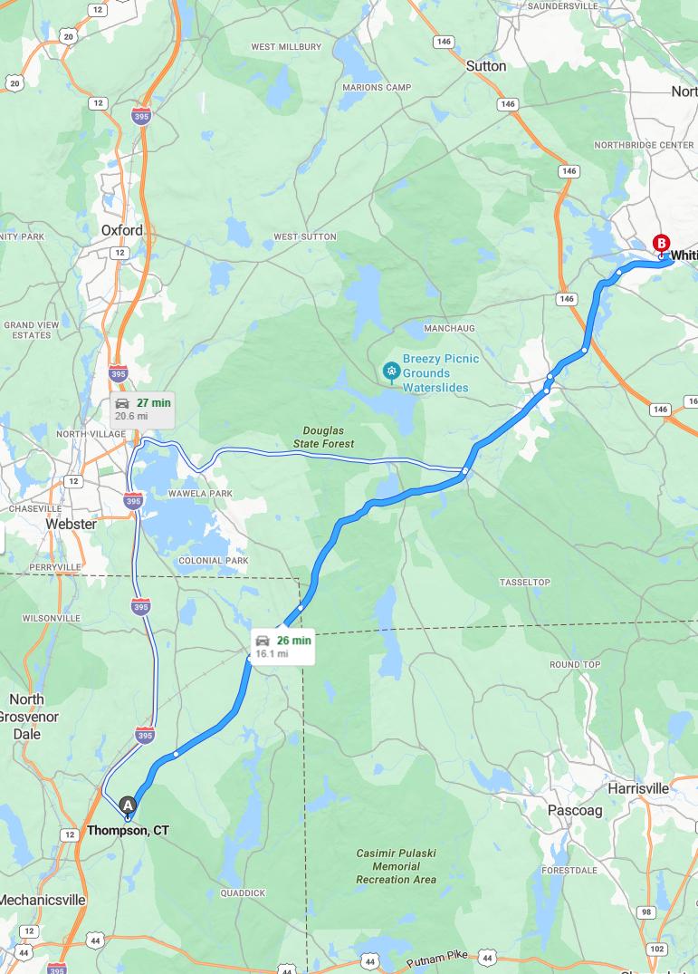 driving from Thompson, Connecticut to WhitinsvilleMassachusetts - map and route