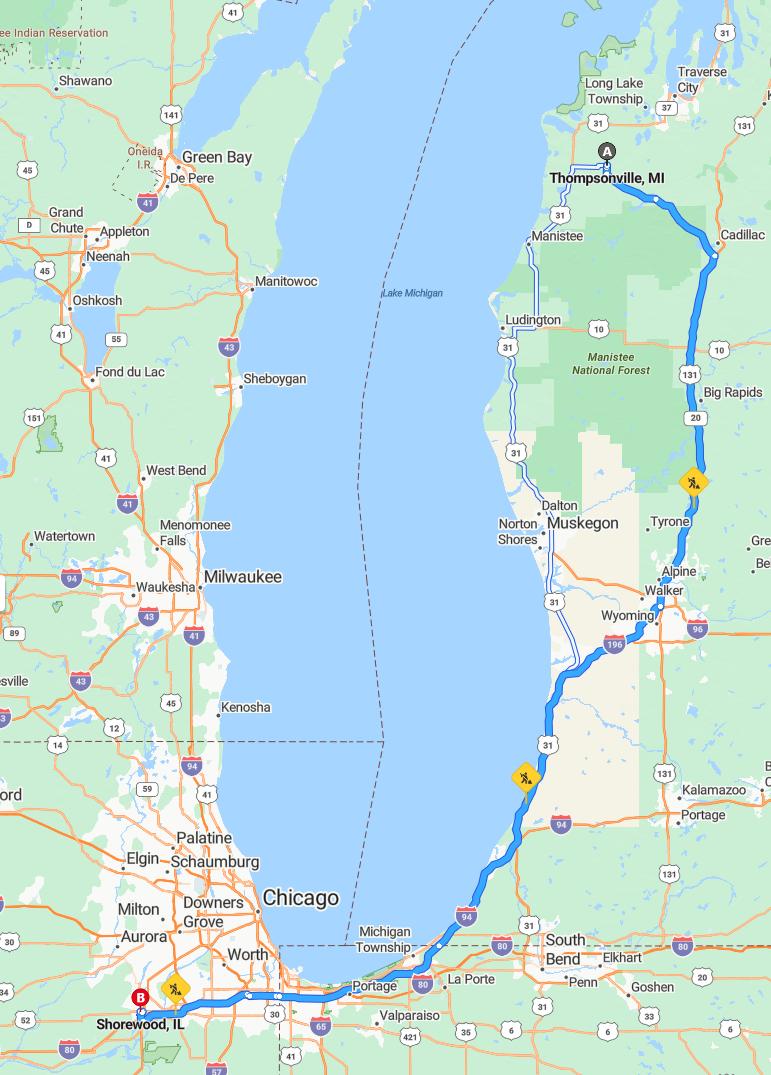 driving from Thompsonville, Michigan to ShorewoodIllinois - map and route