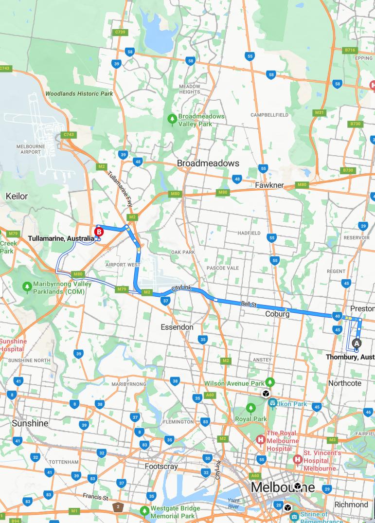 driving from Thornbury, Victoria to TullamarineVictoria - map and route