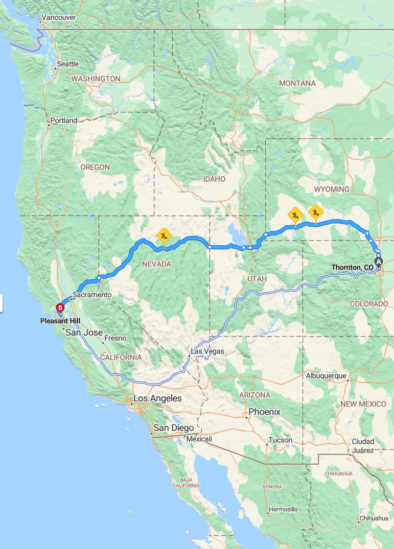 driving from Thornton, Colorado to Pleasant HillCalifornia - map and route
