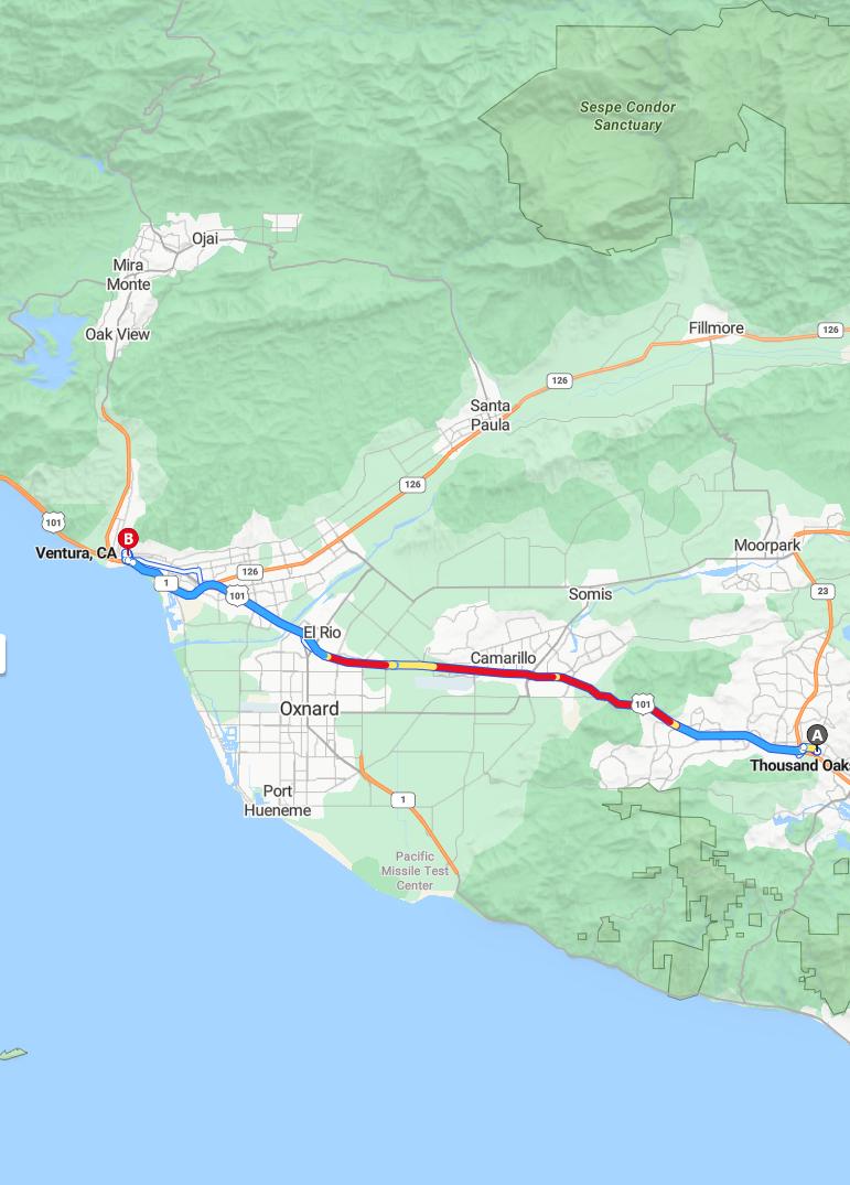 driving from Thousand Oaks, California to VenturaCalifornia - map and route