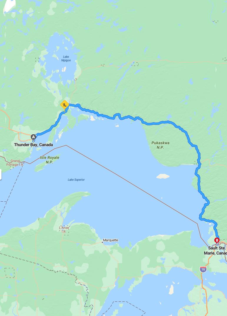driving from Thunder Bay, Ontario to Sault Ste. MarieOntario - map and route