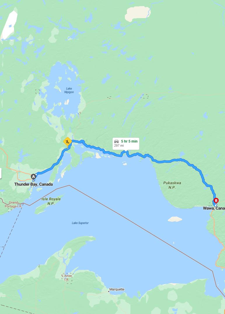 driving from Thunder Bay, Ontario to WawaOntario - map and route
