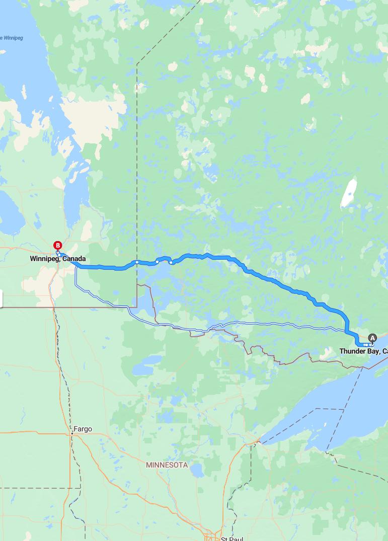 driving from Thunder Bay, Ontario to WinnipegManitoba - map and route