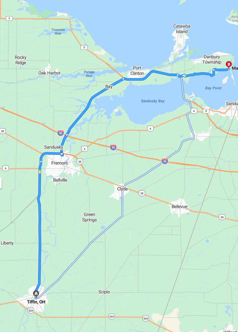driving from Tiffin, Ohio to MarbleheadOhio - map and route