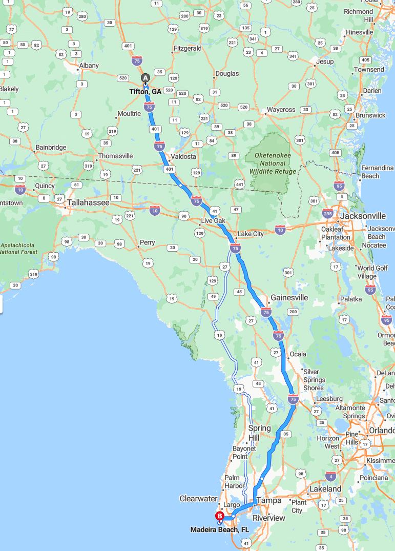 driving from Tifton, Georgia to Madeira BeachFlorida - map and route