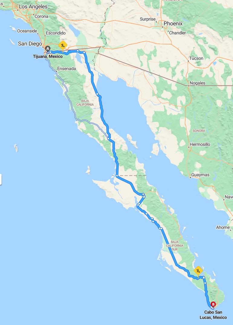 driving from Tijuana, Baja California to Cabo San LucasBaja California Sur - map and route