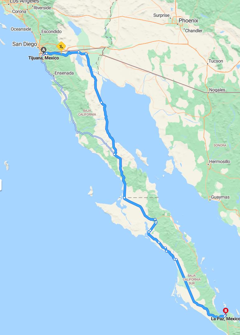 driving from Tijuana, Baja California to La PazBaja California Sur - map and route