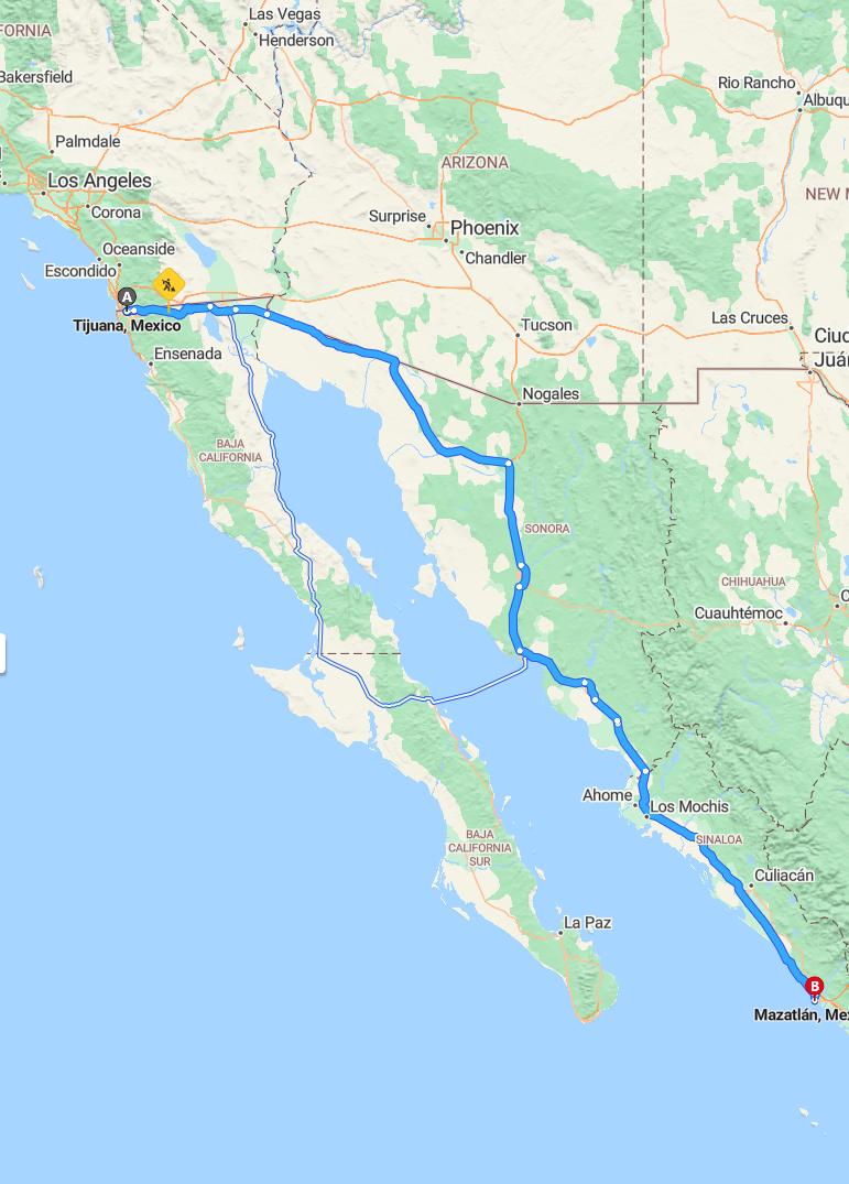 driving from Tijuana, Baja California to MazatlanSinaloa - map and route