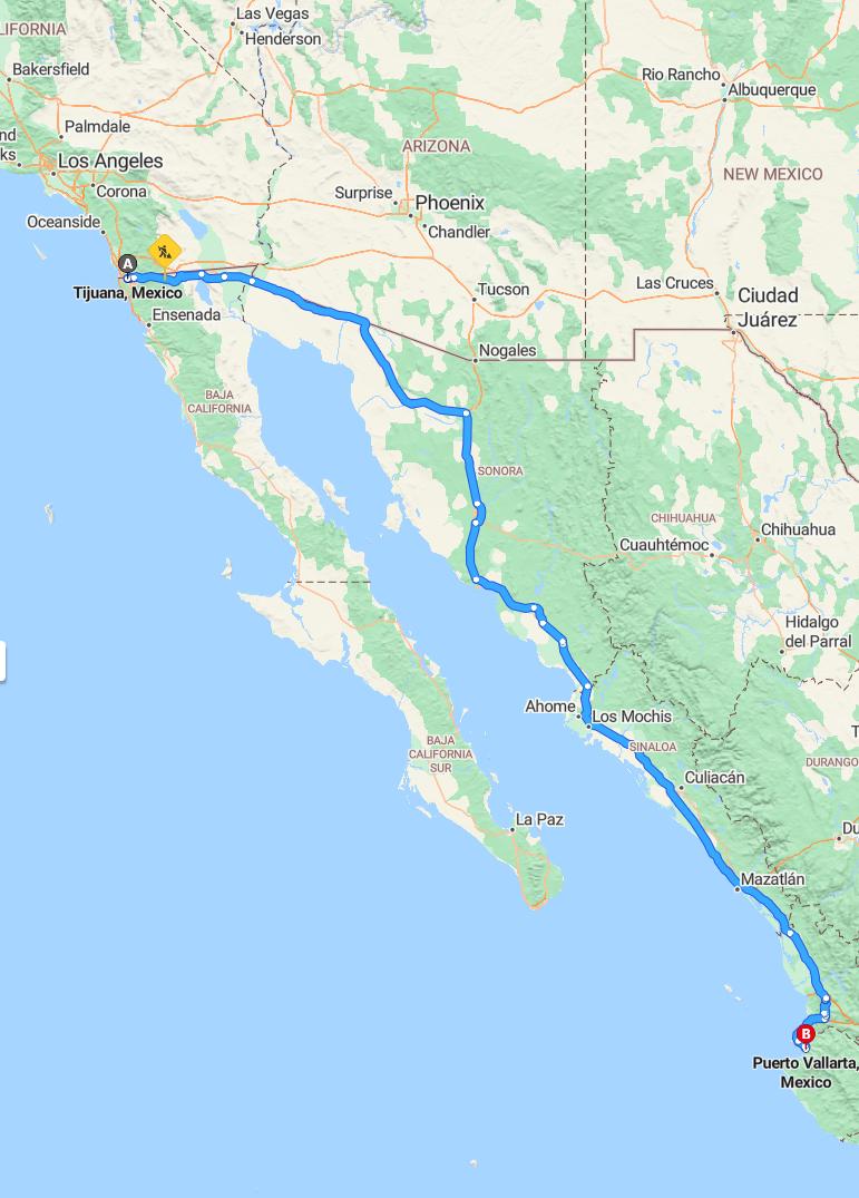 driving from Tijuana, Baja California to Puerto VallartaJalisco - map and route
