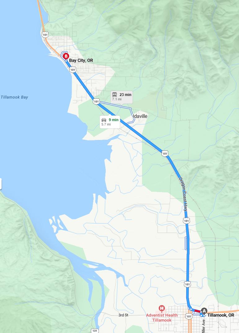 driving from Tillamook, Oregon to Bay CityOregon - map and route