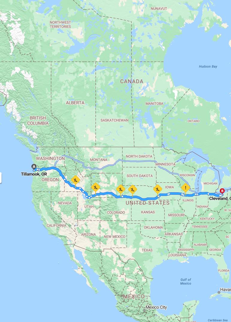 driving from Tillamook, Oregon to ClevelandOhio - map and route