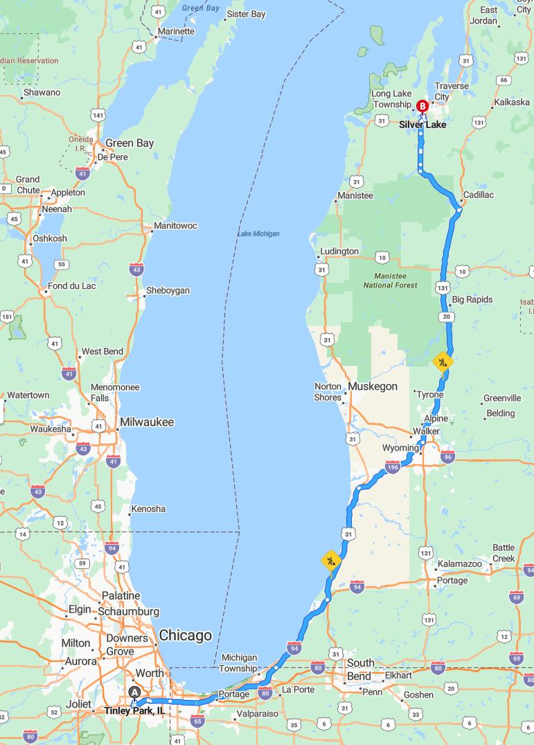 driving from Tinley Park, Illinois to Silver LakeMichigan - map and route
