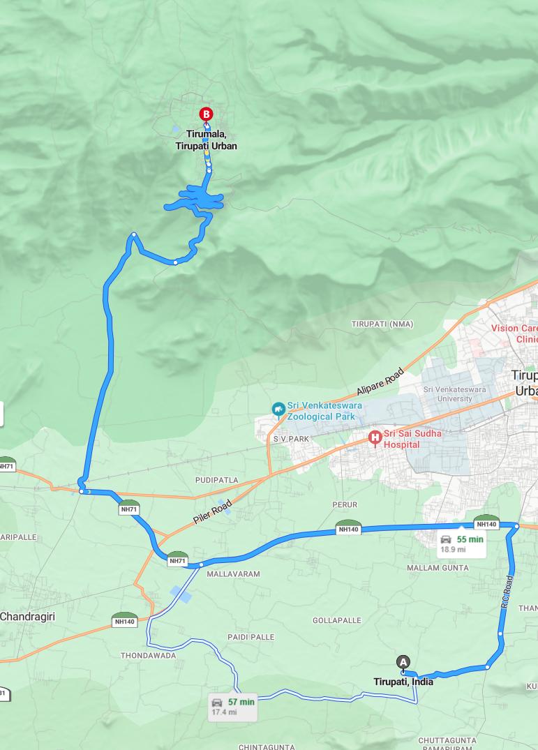 driving from Tirupati, Andhra Pradesh to TirumalaAndhra Pradesh - map and route