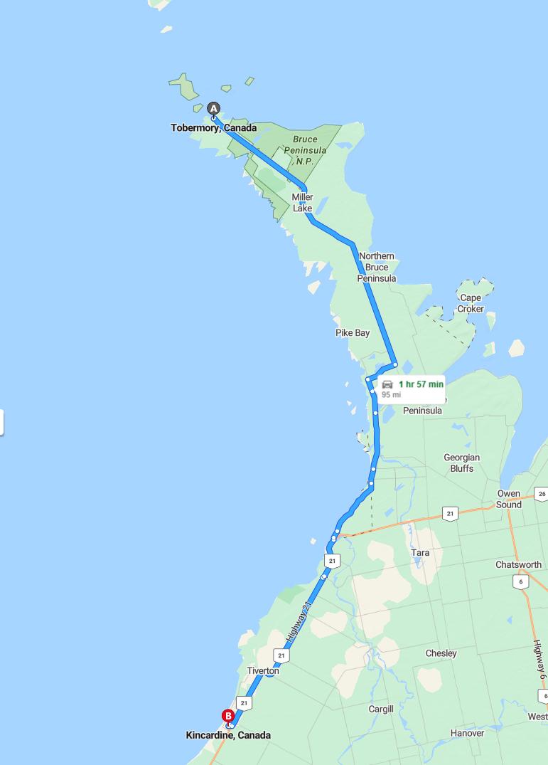 driving from Tobermory, Ontario to KincardineOntario - map and route