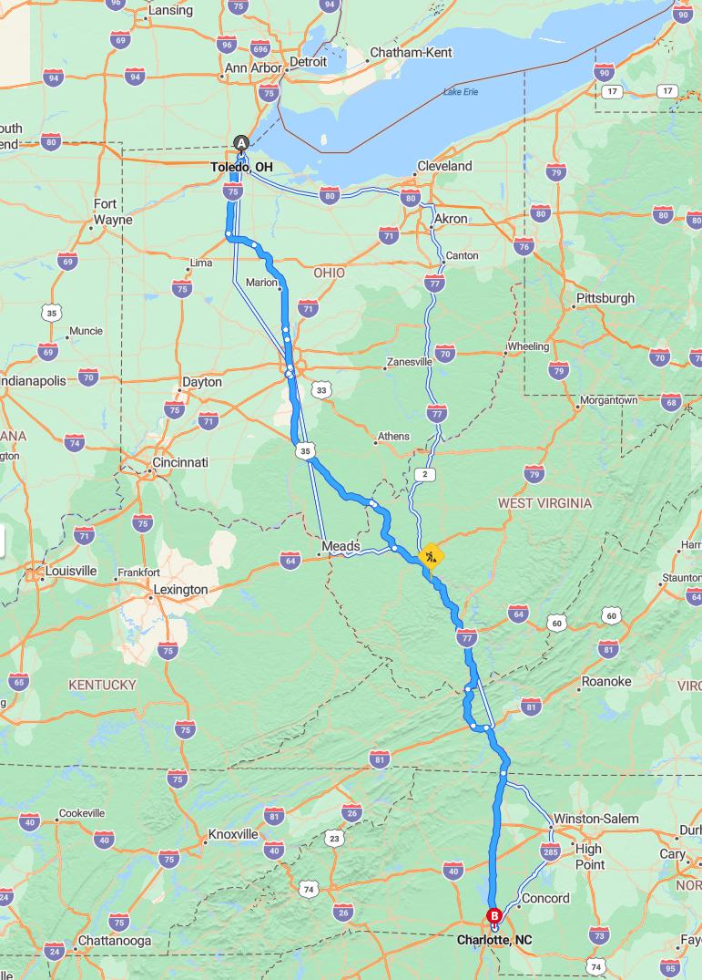 driving from Toledo, Ohio to CharlotteNorth Carolina - map and route