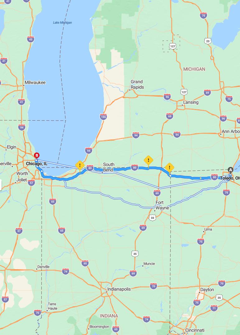driving from Toledo, Ohio to ChicagoIllinois - map and route