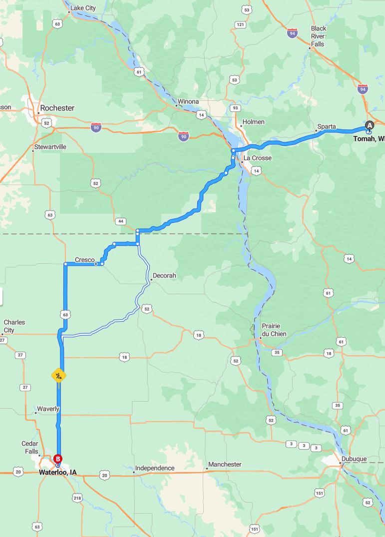 driving from Tomah, Wisconsin to WaterlooIowa - map and route