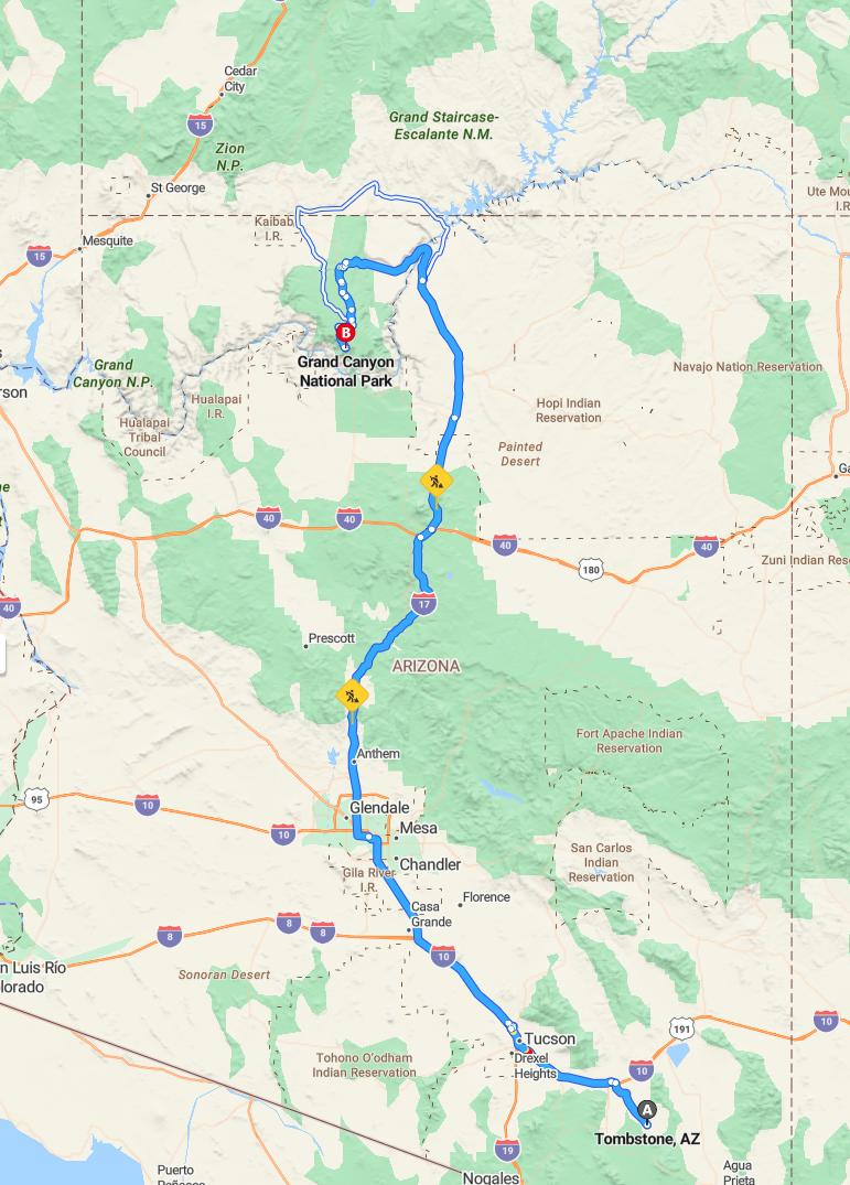 driving from Tombstone, Arizona to Grand CanyonArizona - map and route