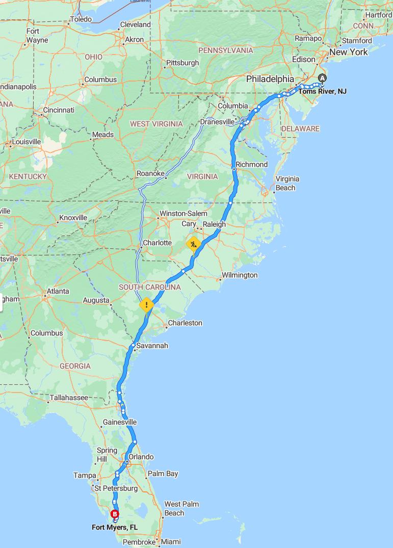 driving from Toms River, New Jersey to Fort MyersFlorida - map and route