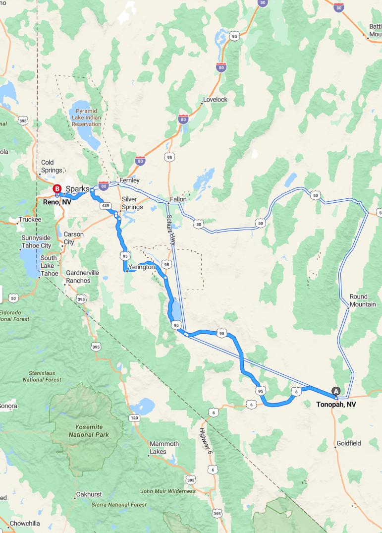 driving from Tonopah, Nevada to RenoNevada - map and route