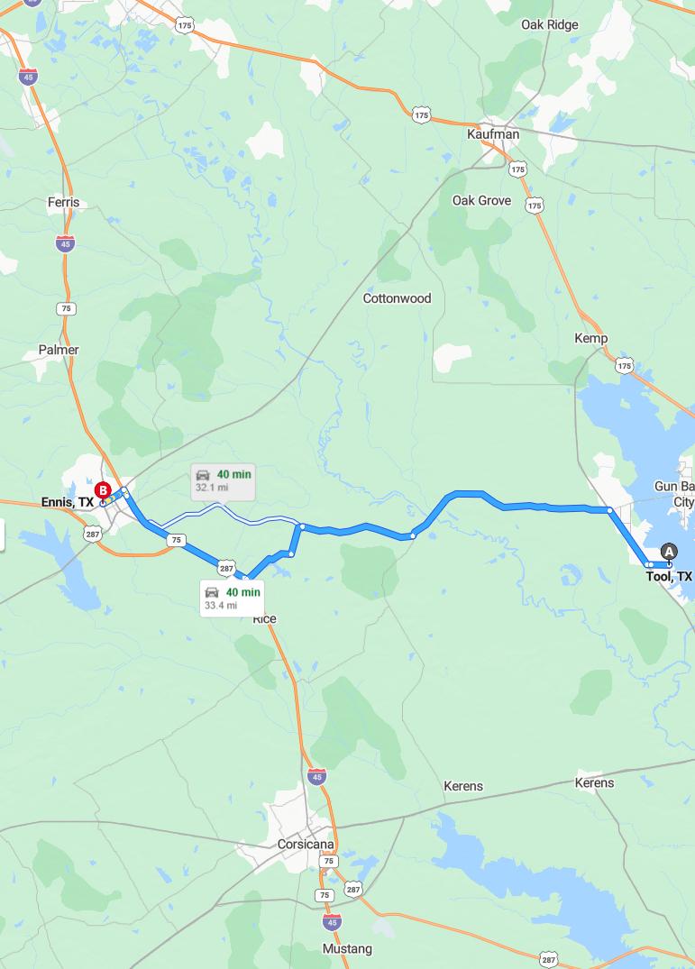 driving from Tool, Texas to EnnisTexas - map and route