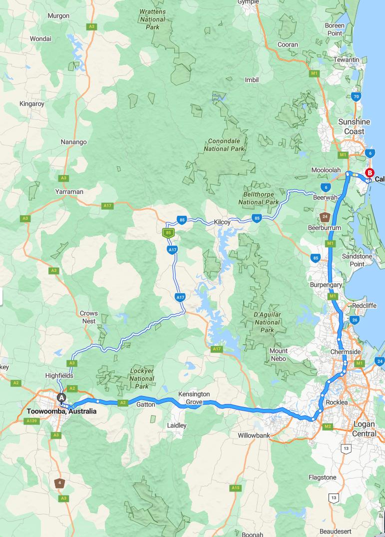 driving from Toowoomba, Queensland to CaloundraQueensland - map and route
