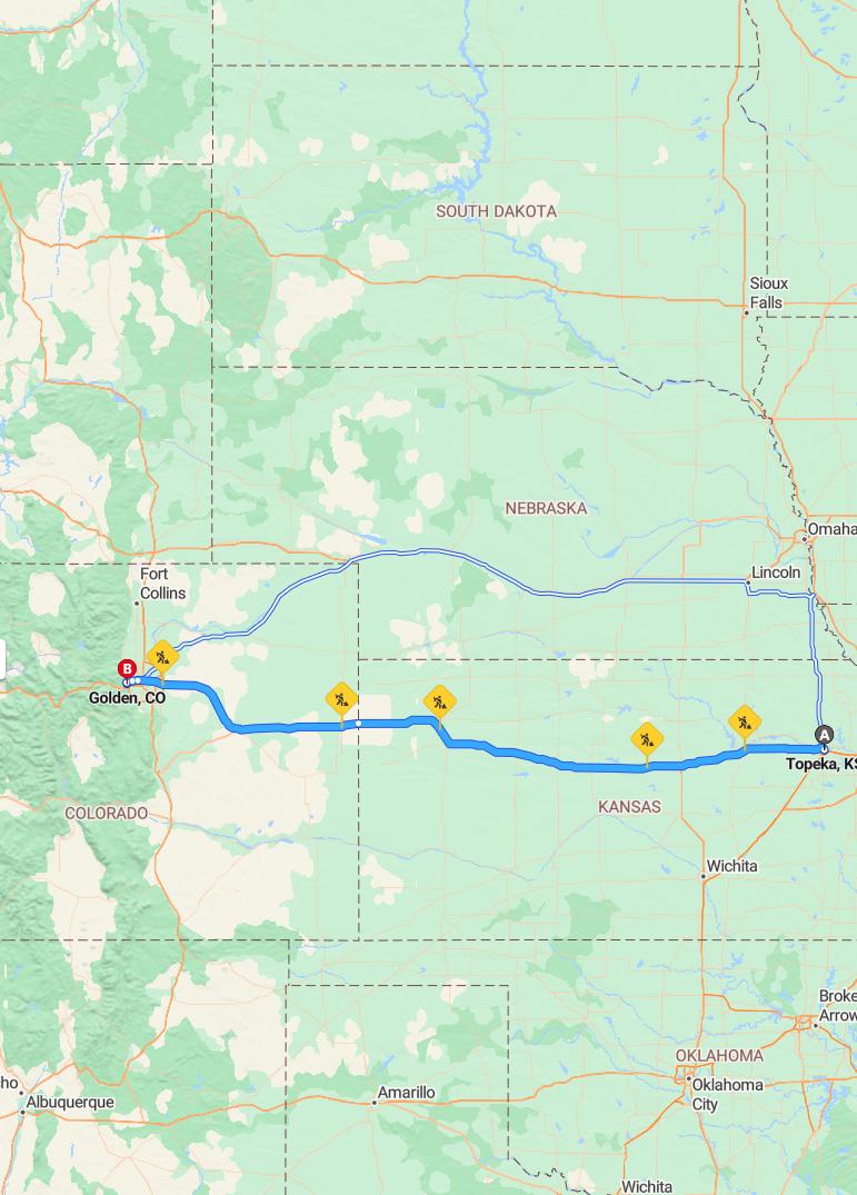driving from Topeka, Kansas to GoldenColorado - map and route