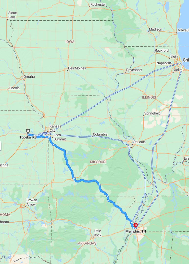 driving from Topeka, Kansas to MemphisTennessee - map and route